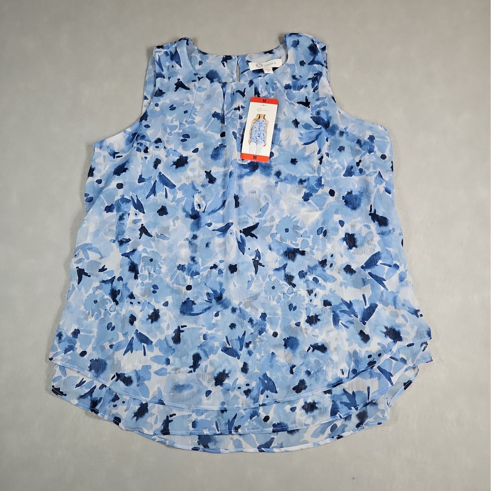 Cristina B Womens Blue Floral Sleeveless Blouse Size Medium NWT